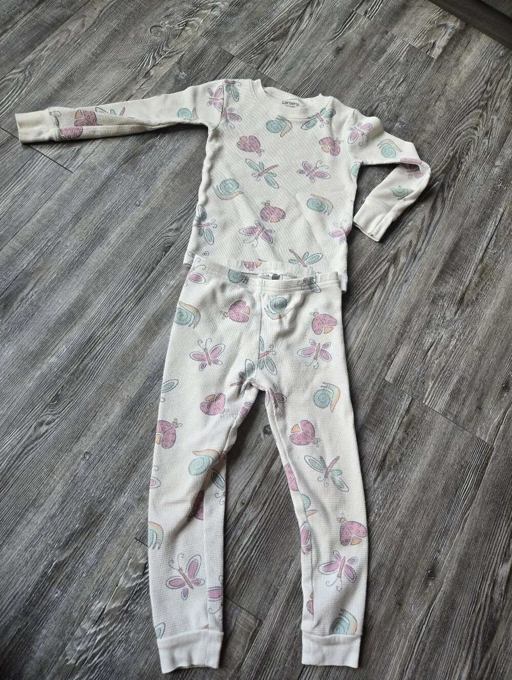 3T Girls Thermal Pajama Set with Pastel Butterflies Snails And Landybugs